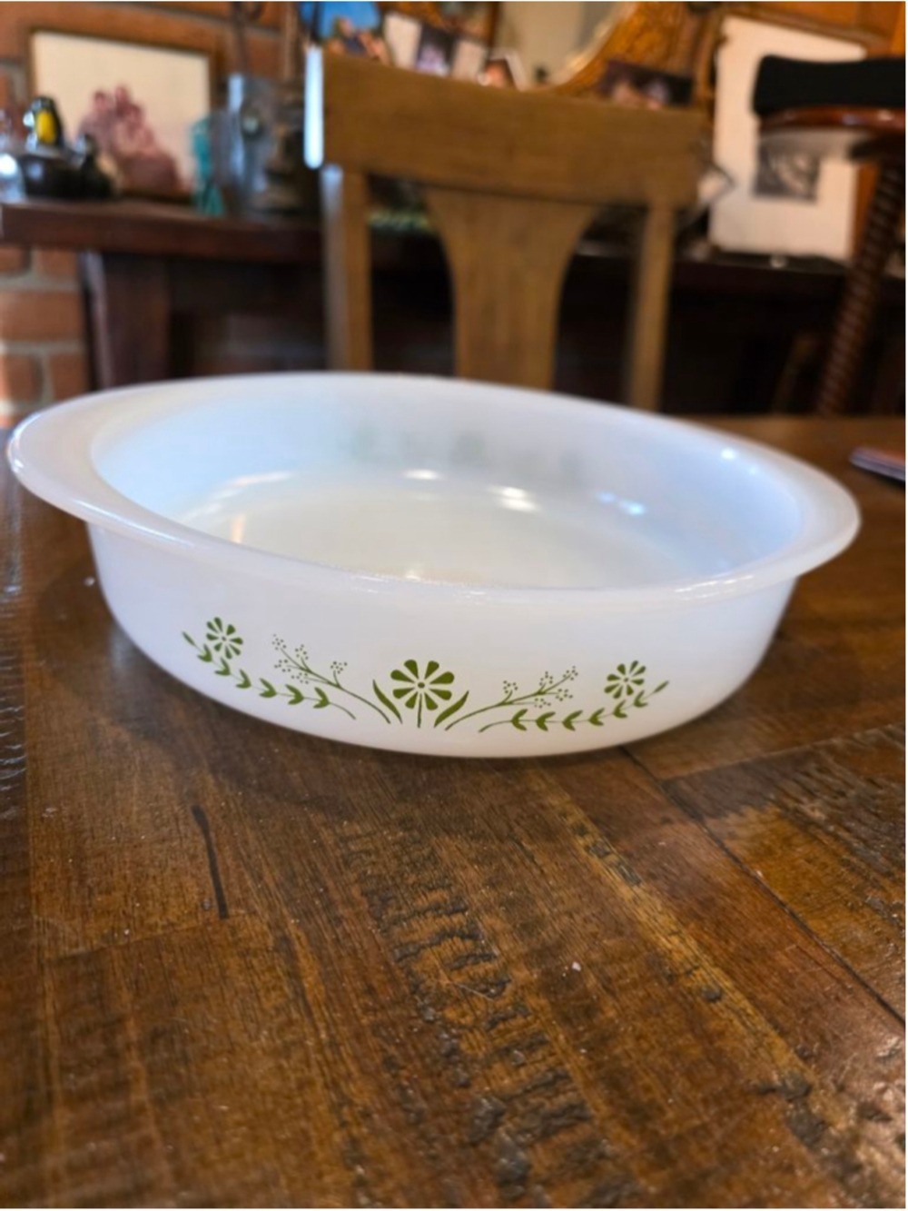 Glasbake Green Crazy Daisy 8" Round Casserole Dish Jeannette Milk Glass Vintage